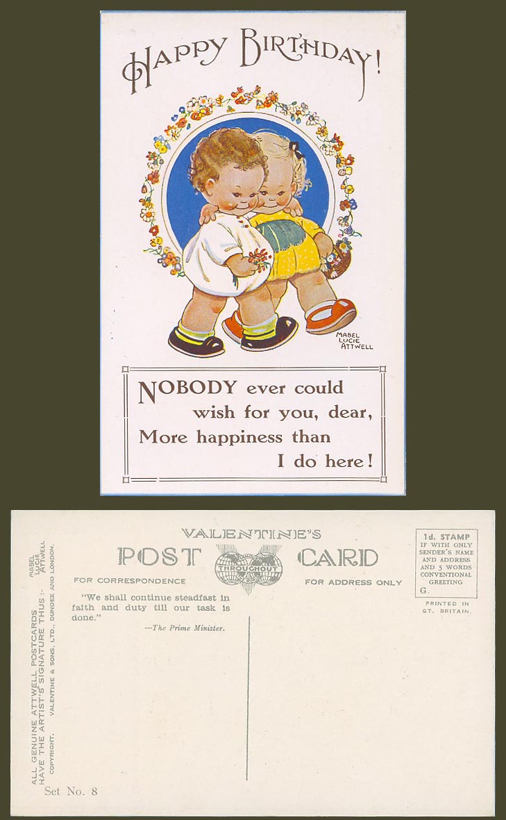 MABEL LUCIE ATTWELL Old Postcard Happy Birthday Wish Happiness, Set 8 WW2 Slogan