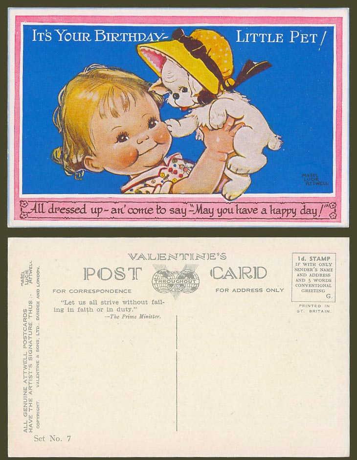 MABEL LUCIE ATTWELL Old Postcard It's Your Birthday Little Pet! Set 7 WW2 Slogan