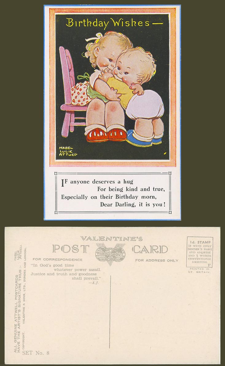 MABEL LUCIE ATTWELL Old Postcard Birthday Wishes You Deserves a Hug Set No. 8 AJ