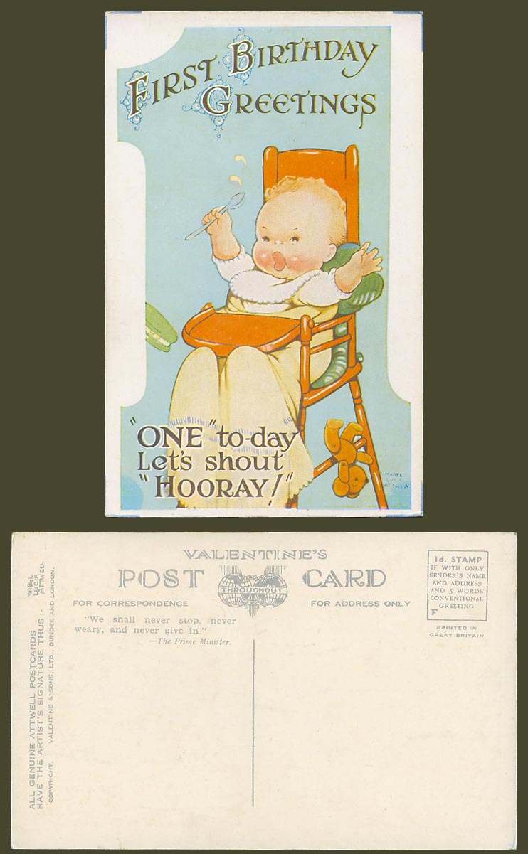 MABEL LUCIE ATTWELL Old Postcard 1st First Birthday One Today Teddy Bear No. 834