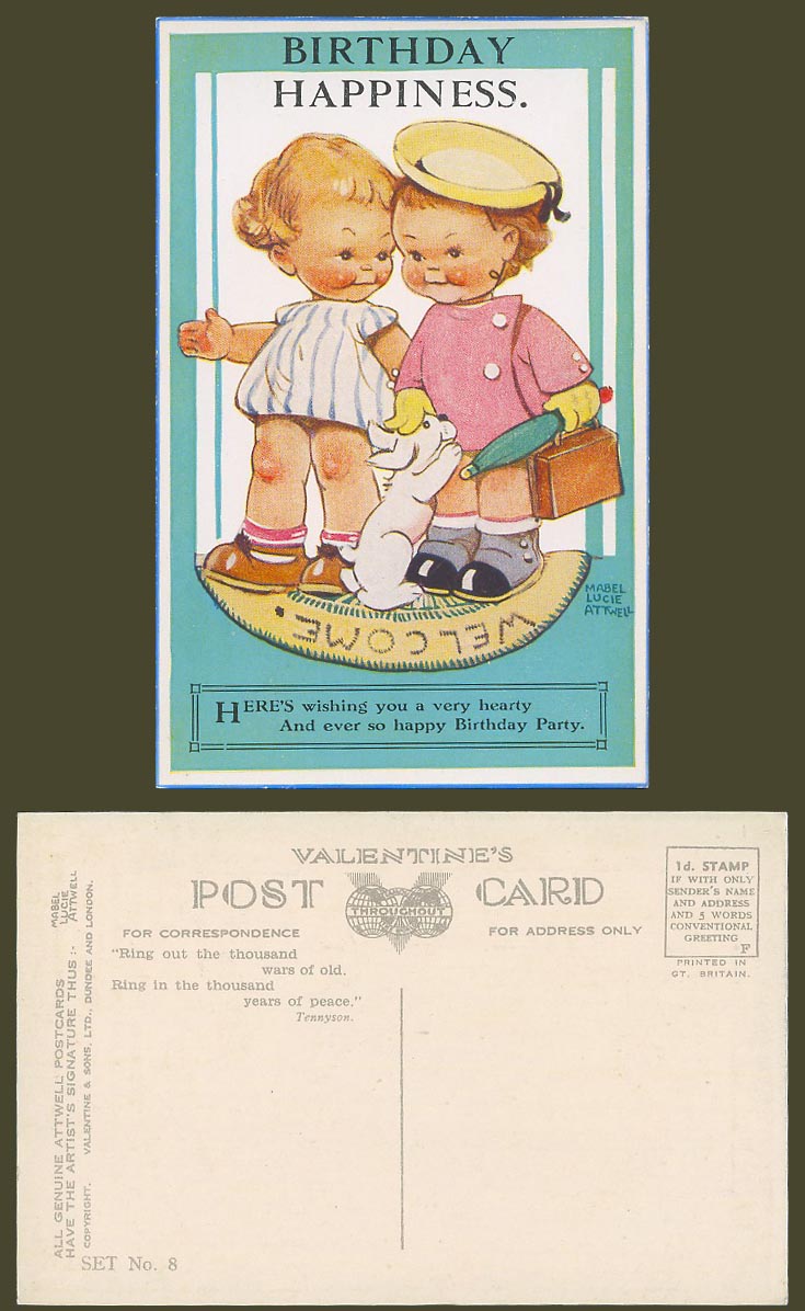 MABEL LUCIE ATTWELL Old Postcard Birthday Happiness Happy Party, Set 8, Tennyson