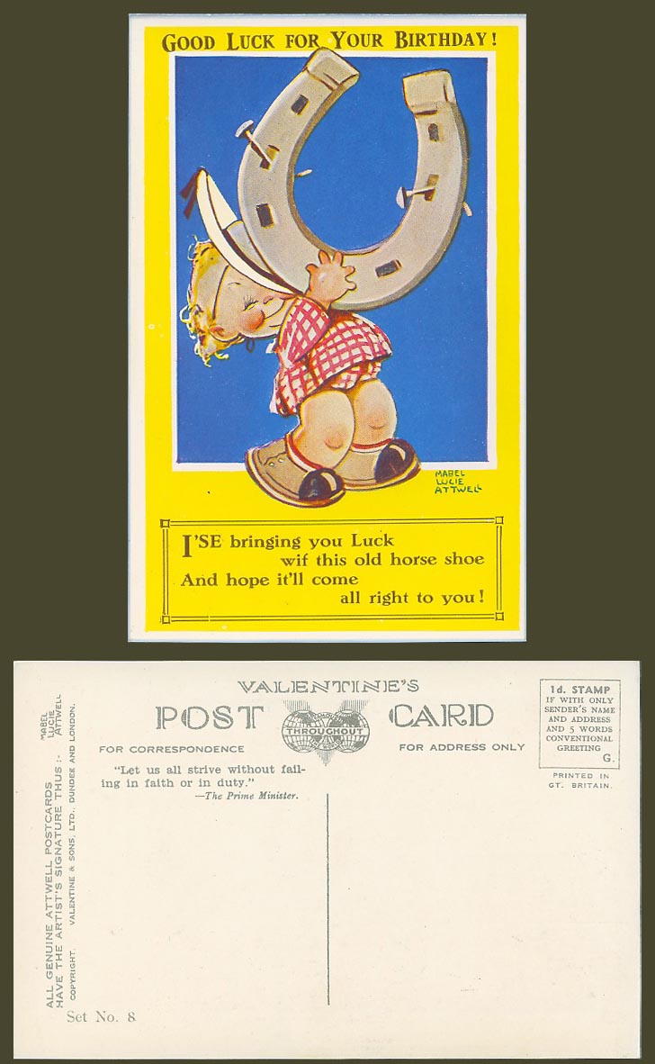 MABEL LUCIE ATTWELL Old Postcard Good Luck U Birthday Horseshoe Set 8 WW2 Slogan