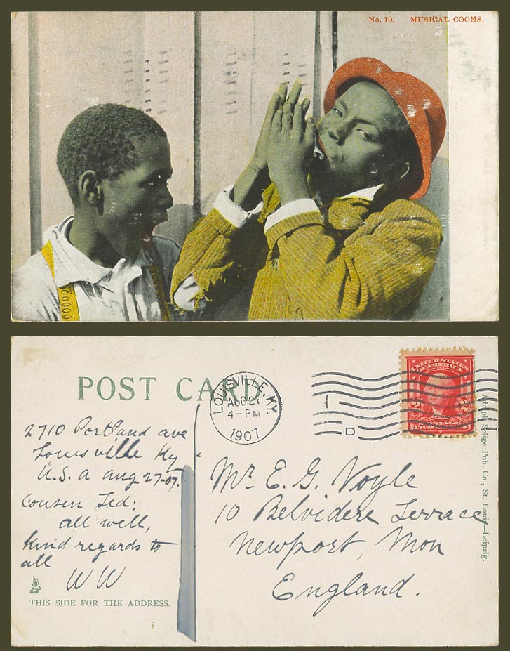 USA 2c 1907 Old UB Postcard Musical Black Boys, Musician, Music, Ethnic Life