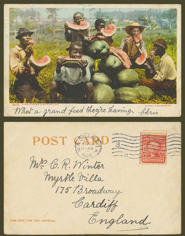 Black Children eating Watermelon, A Dark Corner in Watermelons 1906 Old Postcard