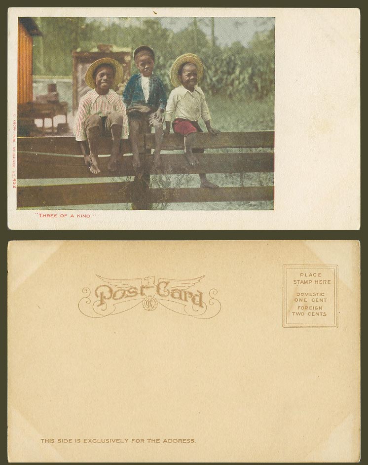 Three of a Kind, 3 Black Americana Boys Children USA Ethnic Life Old UB Postcard
