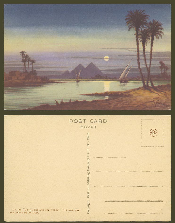 Egypt A. BISHAI Old Postcard PYRAMIDS GIZA Moonlight Palm Trees Nile River, Moon