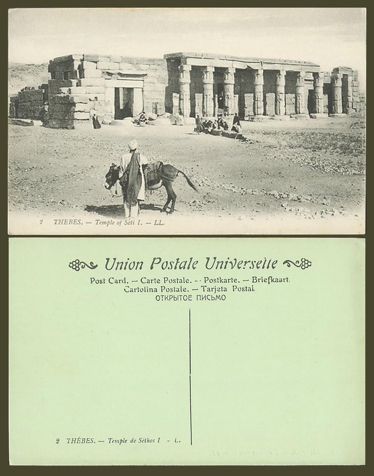 Egypt Old Postcard Thebes TEMPLE of SETI 1er Native Man & Donkey Ruins L.L. No.2