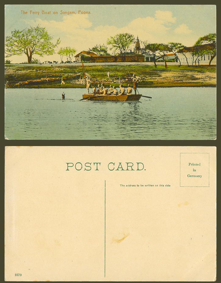 India Old Colour Postcard The Ferry Boat on SANGAM River Scene, POONA, Ferryboat