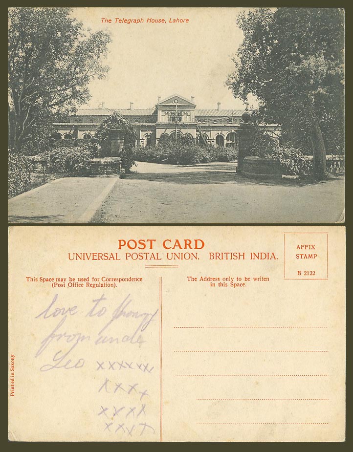 Pakistan Old Postcard The Telegraph House, Lahore, British India Indian B2122