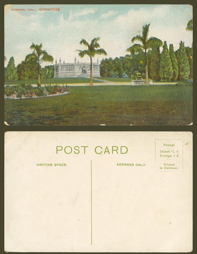 India Old Colour Postcard Memorial Hall Well, Cawnpore Kanpur, Palm Trees Garden