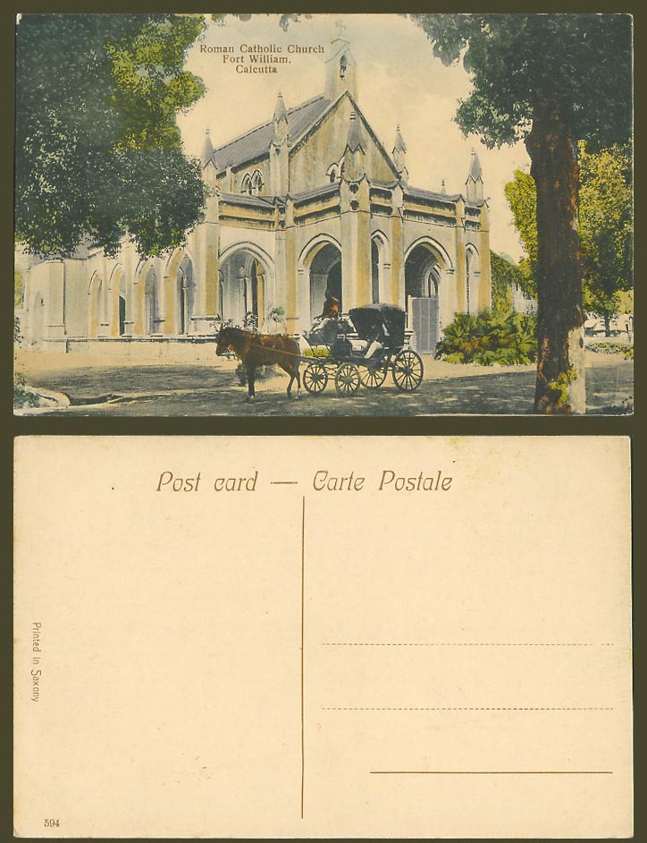 India Old Hand Tinted Postcard Calcutta Roman Catholic Church Fort William, Cart