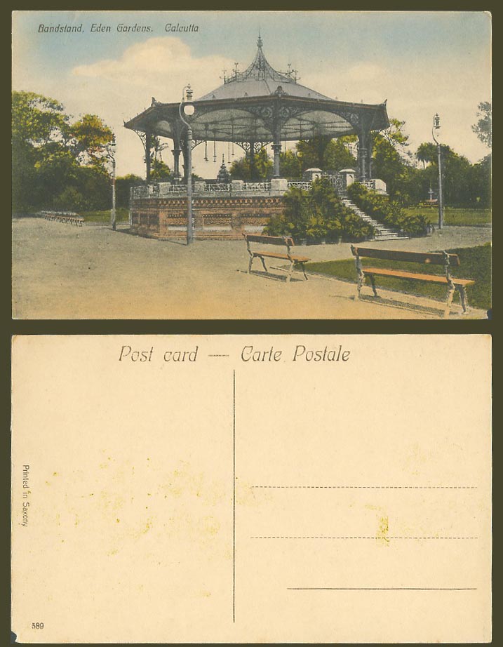 India Old Hand Tinted Postcard Bandstand Band Stand Eden Gardens Calcutta Garden