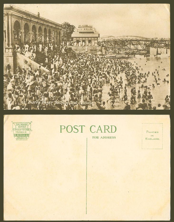 India Old Postcard Burra Bazar Bathing Ghat Calcutta, Bridge River Scene Bathers