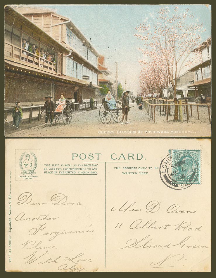 Japan 1904 Old Colour Postcard Cherry Blossom at Yoshiwara Yokohama Geisha Girls