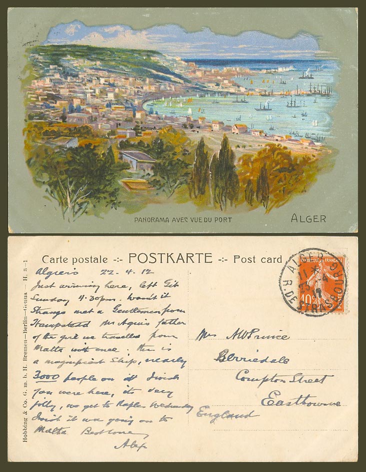 Algeria Artist Drawn 1912 Old Postcard Alger - Panorama avec Vue du Port Harbour