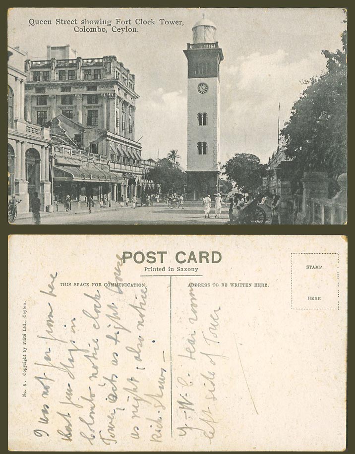 Ceylon Old Postcard Queen Street Fort Clock Tower Colombo Street Lighthouse No.6