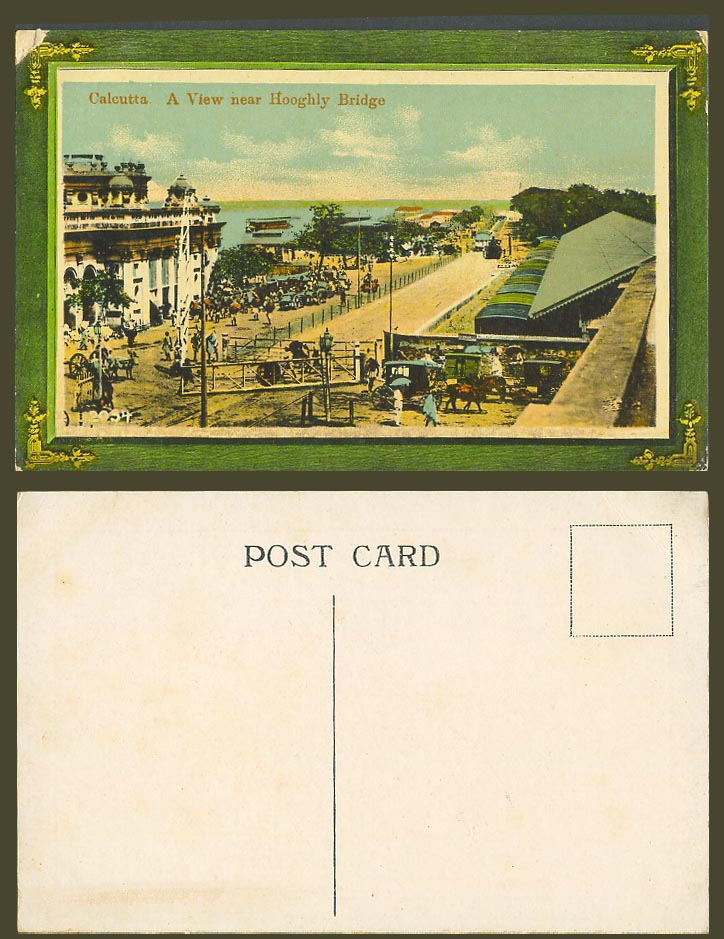 India Old Colour Postcard Calcutta a View near Hooghly Bridge River Street Scene