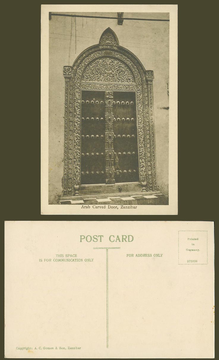 Zanzibar Tanzania Old Postcard Arab Carved Door, Arabic Arabe - A.C. Gomes & Son
