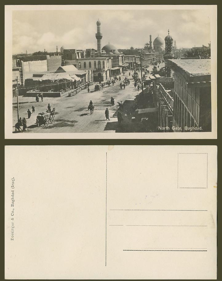 IRAQ Old Real Photo Postcard North Gate Street Scene Mosque Tower Baghdad Bagdad