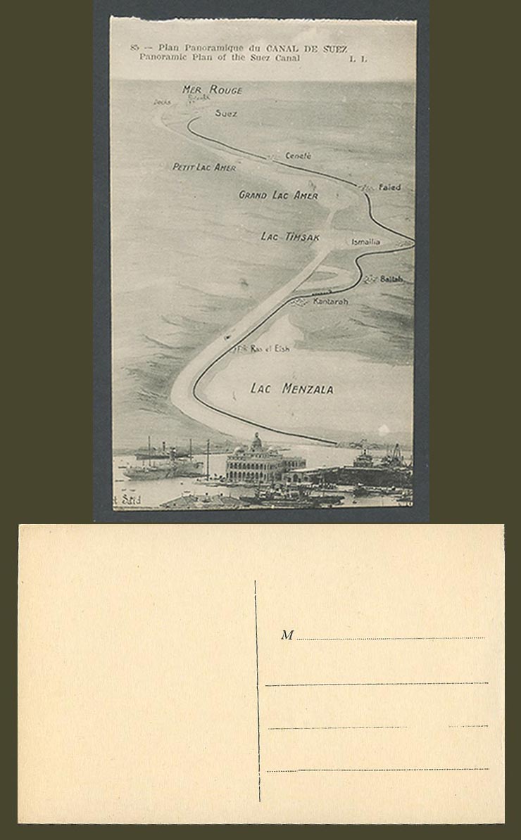 Egypt Old Postcard MAP Panoramic Plan of Canal Suez Lakes Plan Panoramique LL.85