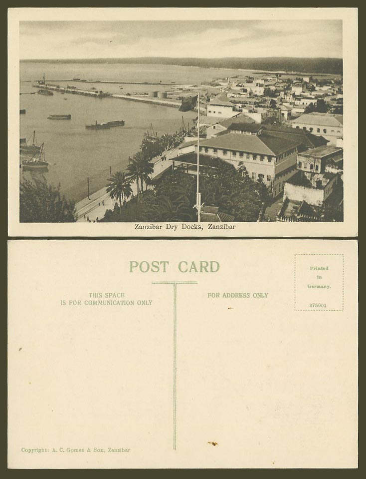 Zanzibar Dry Docks Tanzania Old Postcard Harbour Pier Jetty Boats Flag Panorama