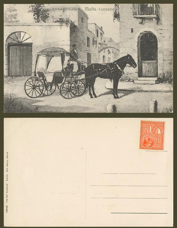 Malta KG5 1 1/2d Old Postcard Maltese Carrozzin Horse Cart & Driver Street Scene