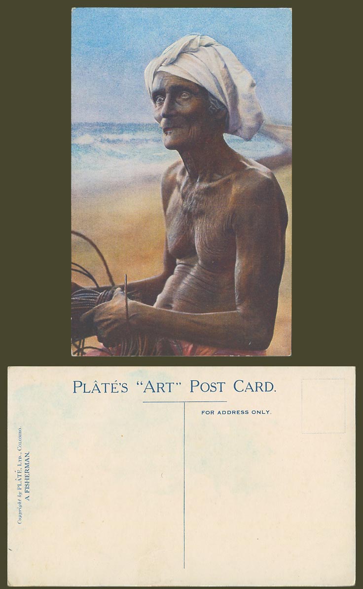 Ceylon Old Colour Postcard A Fisherman, Rope, Fishing Fishery Beach, Plate's Art