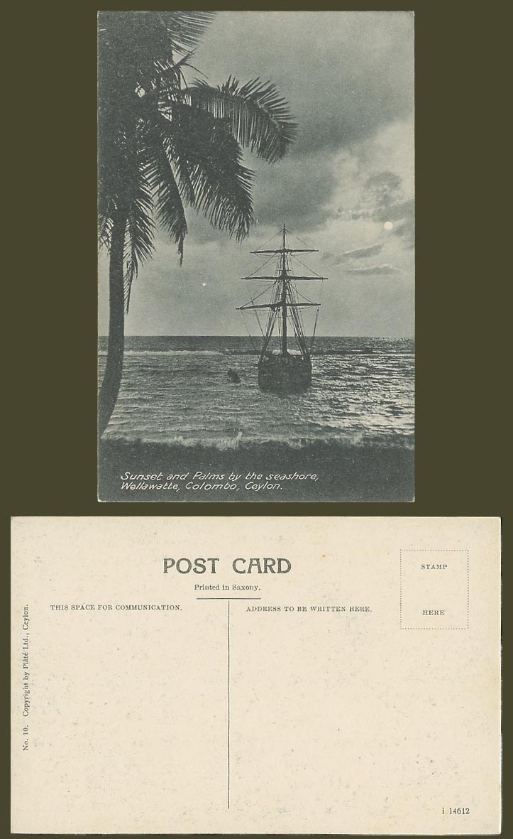 Ceylon Old Postcard Sunset & Palms by The Seashore Wellawatte, Colombo Ship Boat