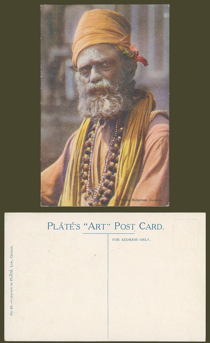 Ceylon Old Colour Postcard A Hindu Religious Ascetic Costumes Man Plate's Art 63