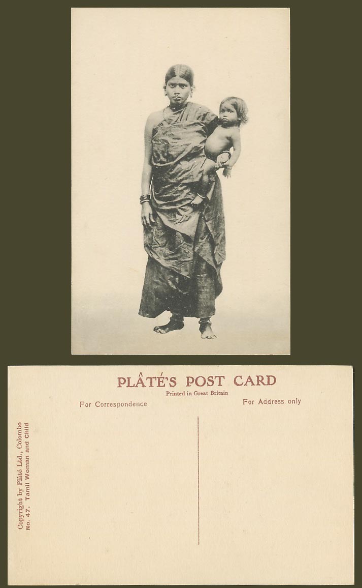 Ceylon Old Postcard Native Tamil Woman and Child Carry Baby Traditional Costumes
