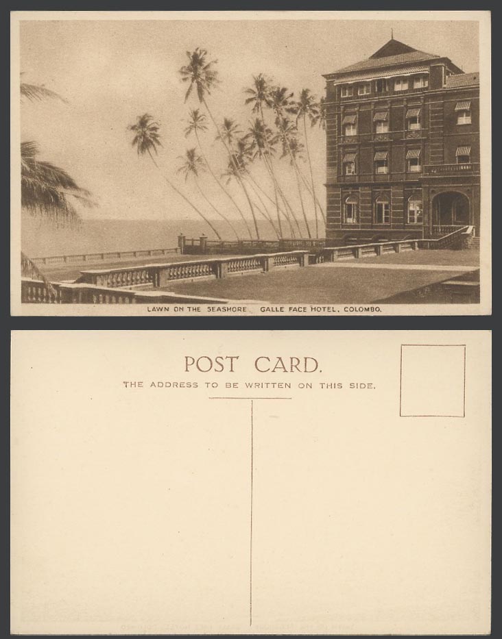 Ceylon Old Postcard Lawn on Seashore GALLE FACE HOTEL Colombo Palm Trees Terrace