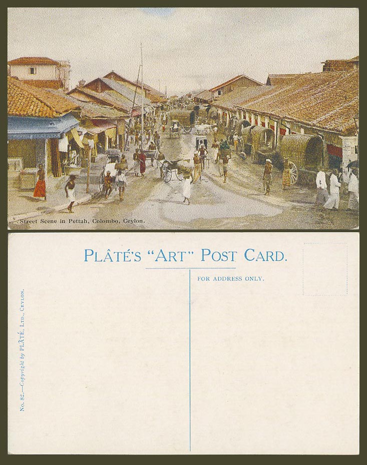 Ceylon Old Postcard Pettah Street Scene Bullock Cart Coolie Colombo Plate ART 11
