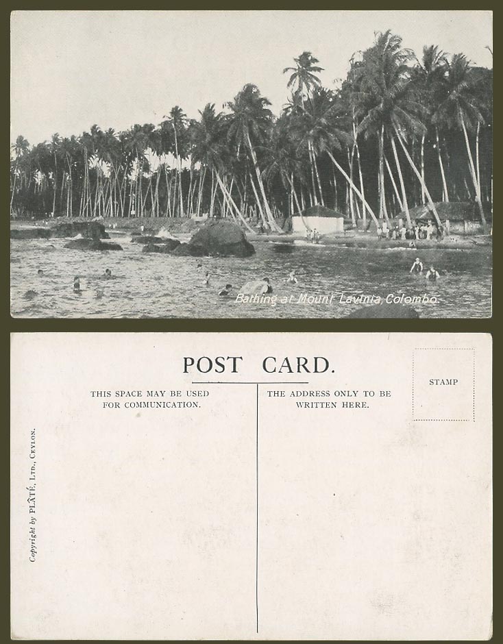 Ceylon Old Postcard Bathing at Mount Lavinia Hotel Colombo, Bathers & Palm Trees