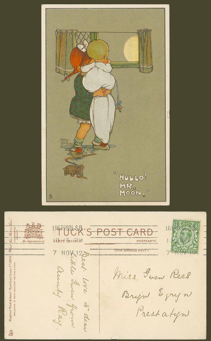MABEL LUCIE ATTWELL 1912 Old Postcard Hullo Mr Moon Tucks What The Moon Saw 9804