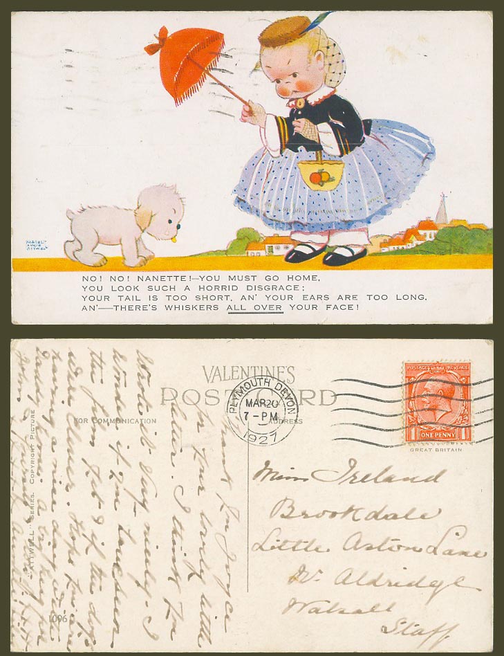 MABEL LUCIE ATTWELL 1927 Old Postcard Nanette Puppy Must Go Home - Whiskers 1096