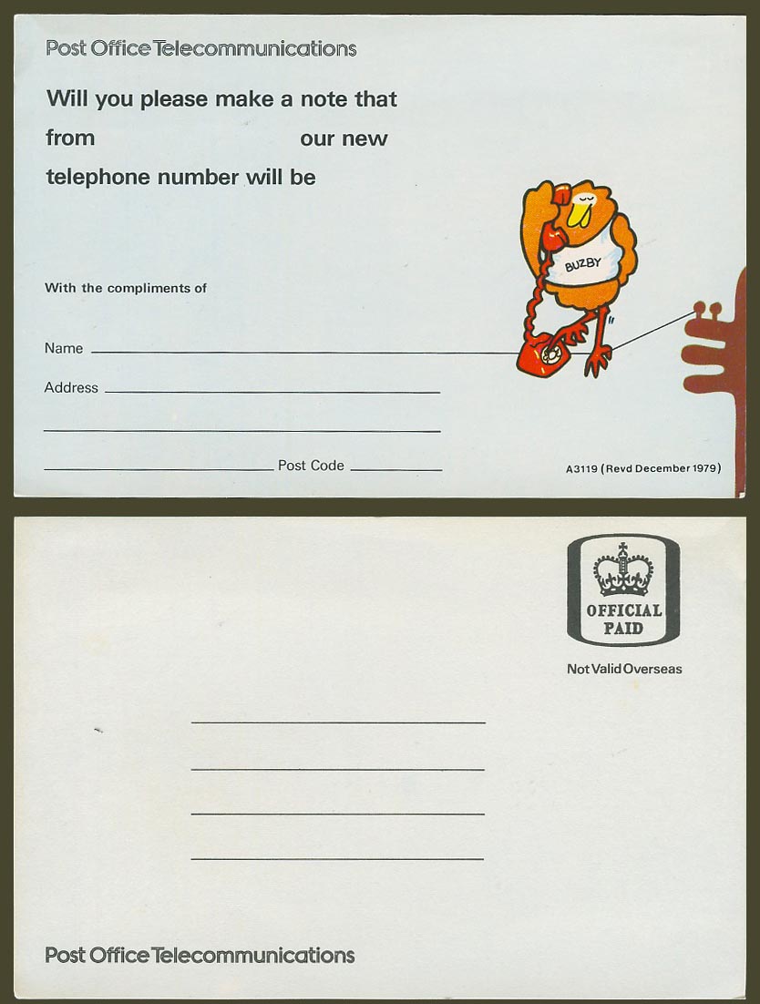 Dec 1979 Official Paid Post Office Telecommunications New Telephone Number Buzby