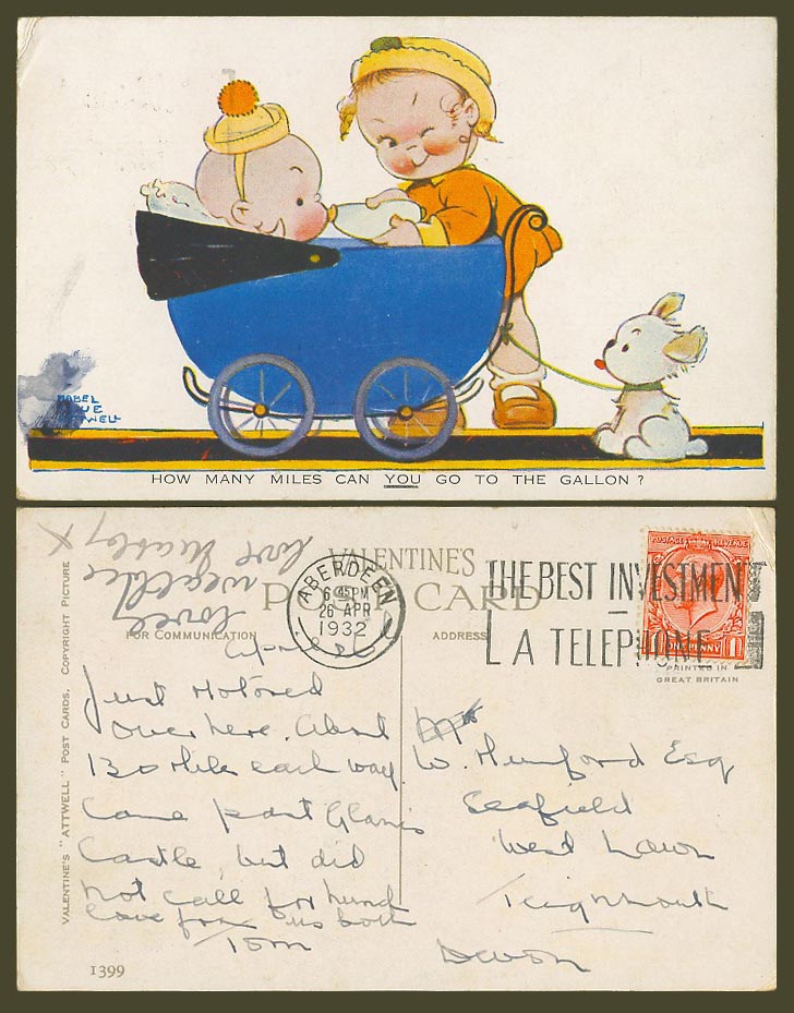 MABEL LUCIE ATTWELL 1932 Old Postcard Dog How Many Mile Can U Go to Gallon  1399