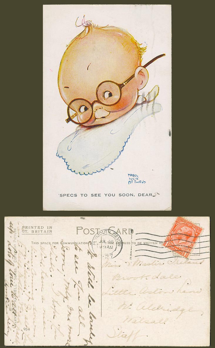 MABEL LUCIE ATTWELL 1927 Old Postcard 'Specs To See You Soon Dear Spectacles 954