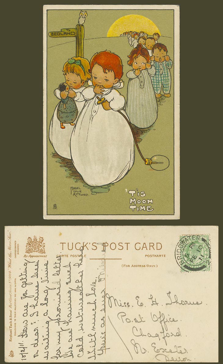 MABEL LUCIE ATTWELL 1911 Old Tuck's Postcard Owl To Bedland 'Tis Moon Time 9804.