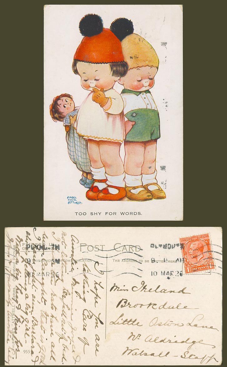 MABEL LUCIE ATTWELL 1926 Old Postcard Too Shy For Words. Wooly Hats Doll No. 955