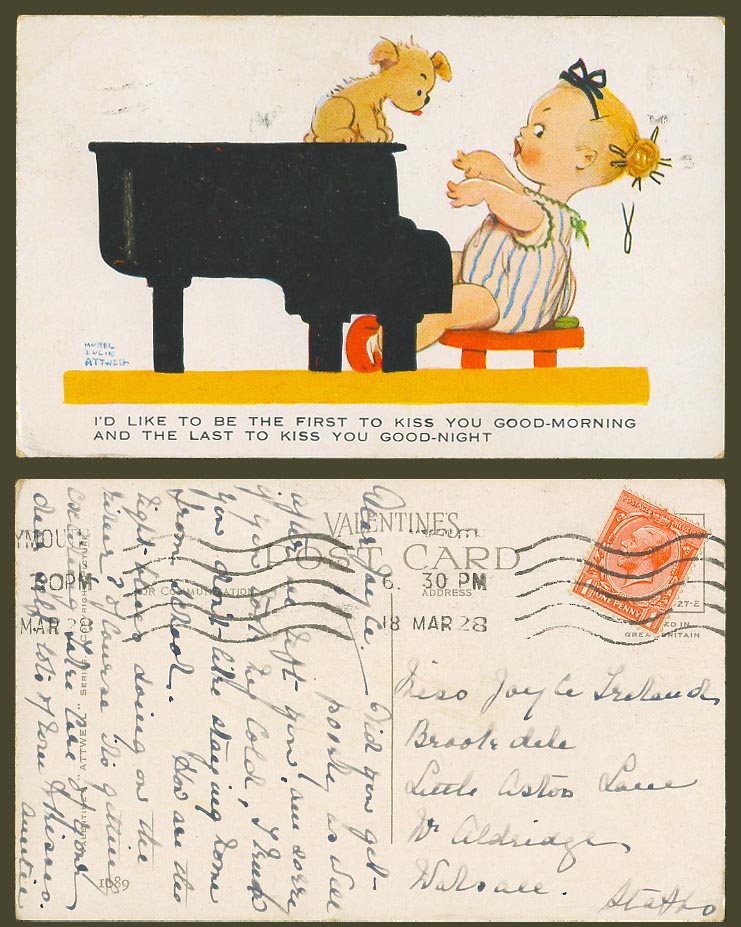MABEL LUCIE ATTWELL 1928 Old Postcard Dog Girl PIANO, The First to Kiss You 1089