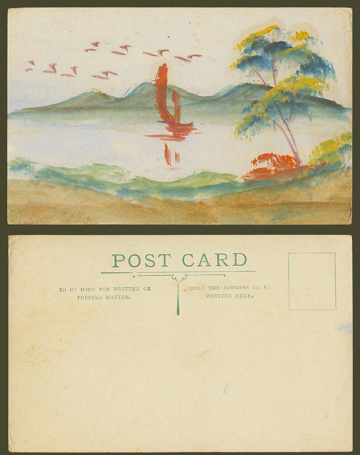 Novelty Old Genuine Hand Painted Postcard Sailing Boat Mountain Tree River Lake