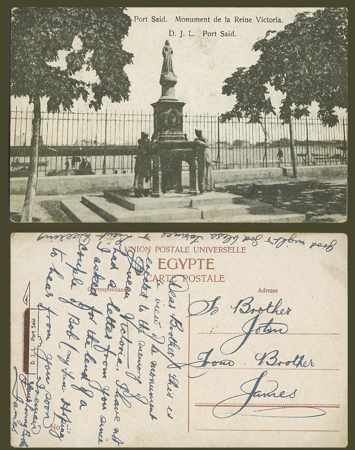 Egypt Old Postcard Port Said Monument de la Reine Victoria Queen Victoria Statue