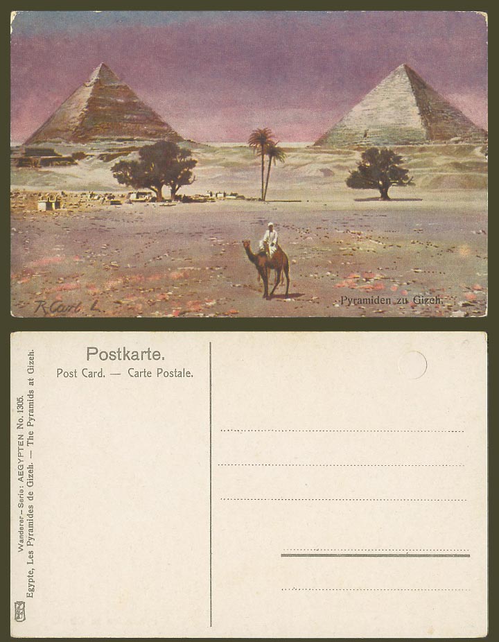 Egypt R Carl L. Signed Old Postcard Pyramiden zu Gizeh Pyramids Giza Camel Rider