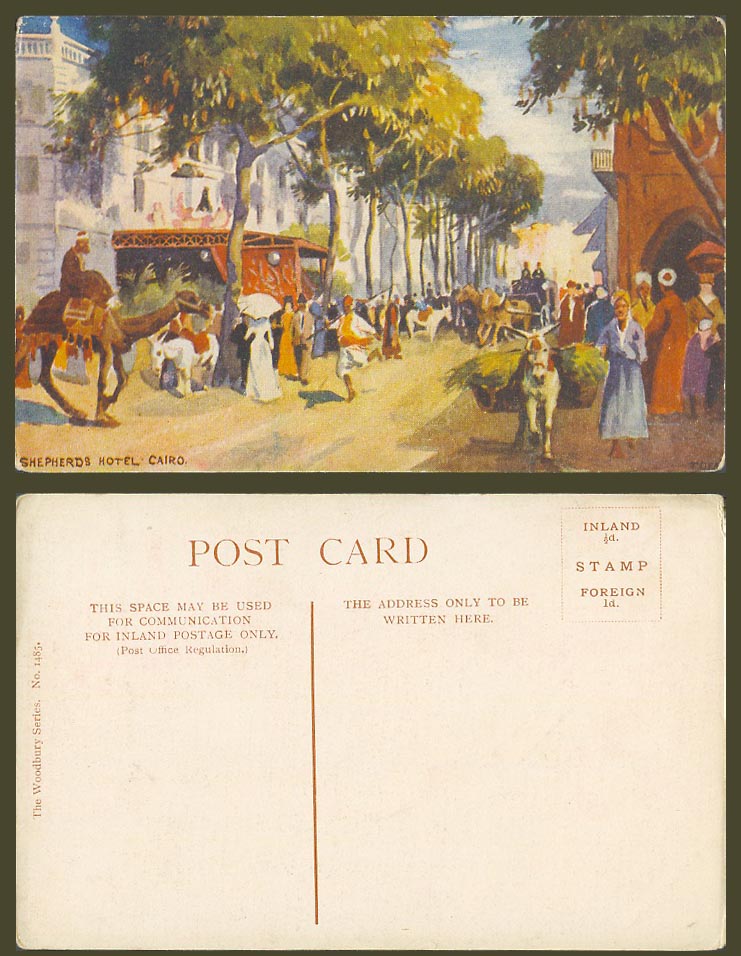Egypt Artist Drawn Old Postcard Cairo Shepherds Hotel, Kamel Street Scene, Camel