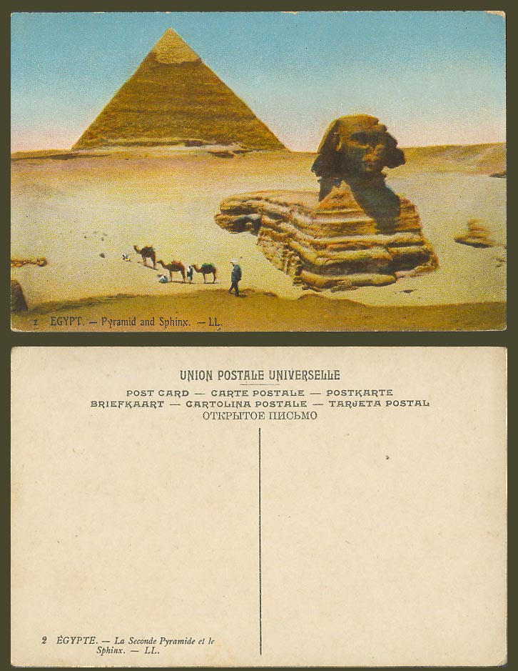 Egypt Old Colour Postcard Cairo Pyramid and Sphinx Camels Desert Le Caire L.L. 2