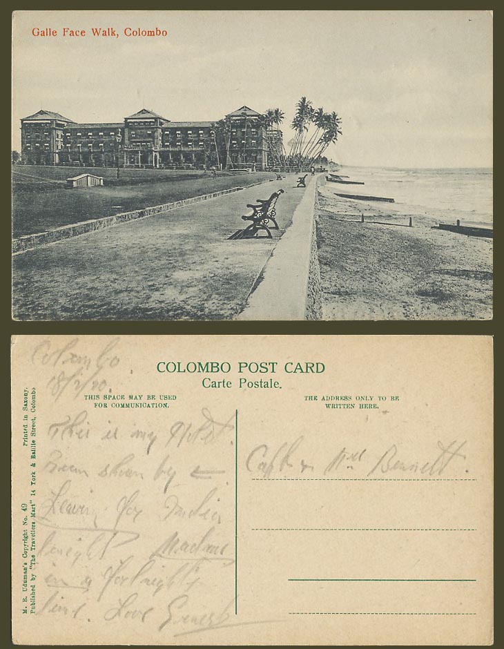 Ceylon 1920 Old Postcard Galle Face Walk Colombo, Street Scene, Palm Trees Beach