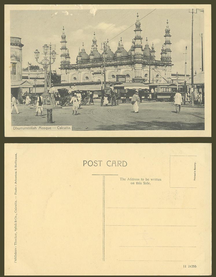 India Old Postcard Dhurrumtollah Mosque Calcutta Street Scene and TRAM Tramway