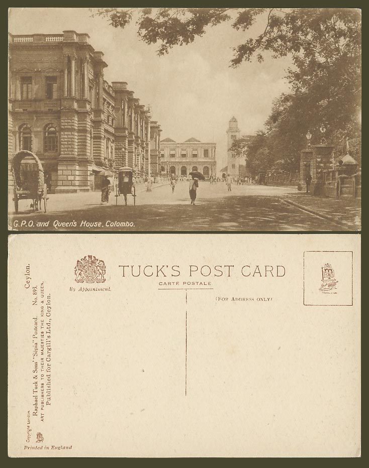 Ceylon Old Tuck's Postcard G.P.O. General Post Office and Queen's House, Colombo