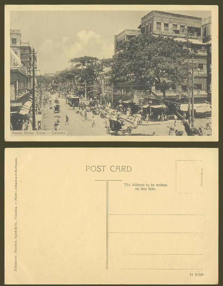 India Old Postcard Native Street Scene Calcutta TRAM Tramway Horse Carts Thacker